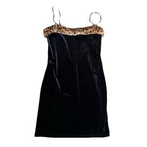 Vintage Black Velvet Mini Dress With Faux Fur Cheetah Trim Size Medium Status